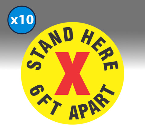 10-Pack Yellow Stand Here X 6 ft Apart Social Distancing Floor Vinyl Decal Sign
