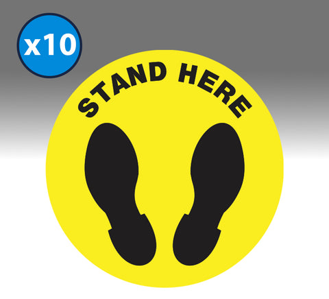 10-Pack Yellow Stand Here Shoe Print Social Distancing Floor Vinyl Decal Sign